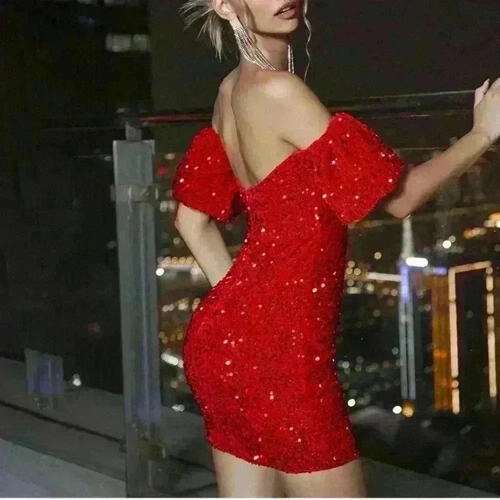 Sexy off the shoulders red 👠sequence dress - Picture 4 of 4
